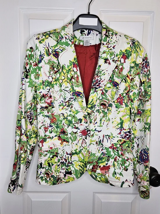 NWOT Liz Claiborne Women's White Floral Blazer Size M Red Lining Colorful Jacket - Picture 1 of 15